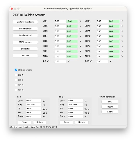 MIPS custom control panel showing 2 RF channels and 16 DC bias channels for Astraea instrument configuration