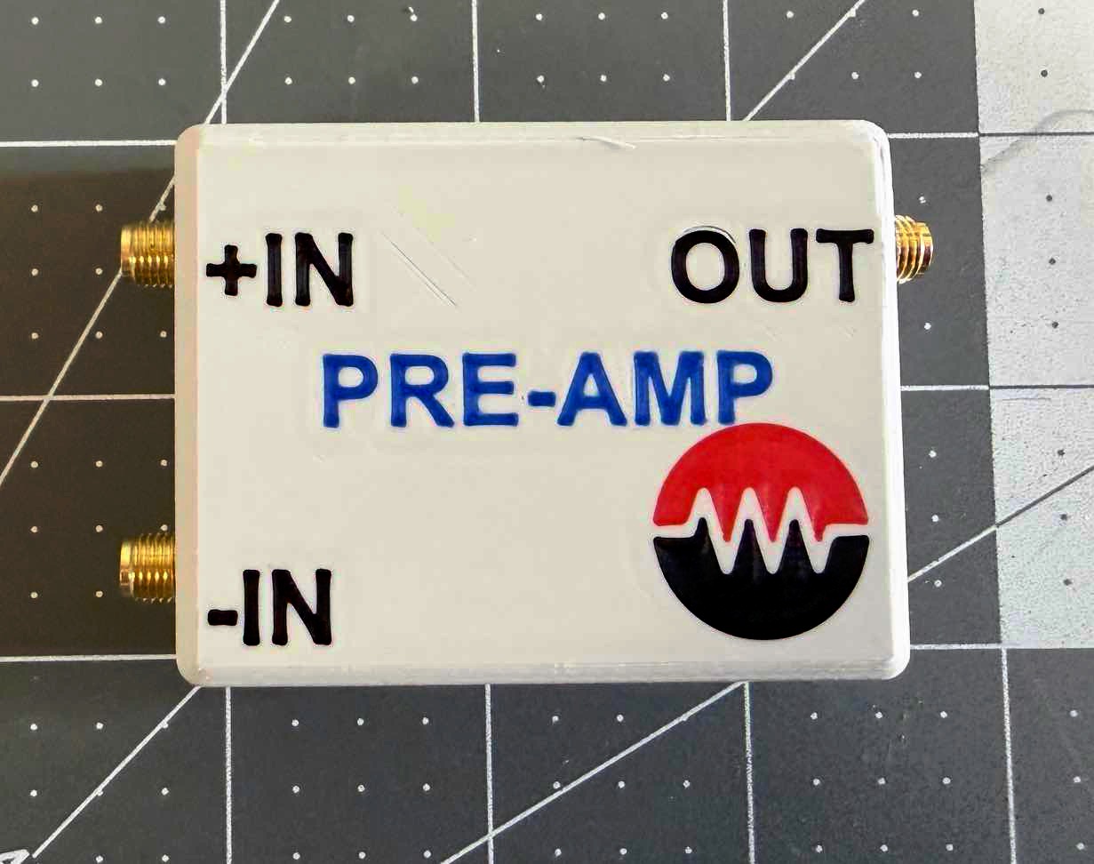 FTICR Pre-Amp System — low-noise differential preamplifier module with +IN, -IN and OUT SMA connectors