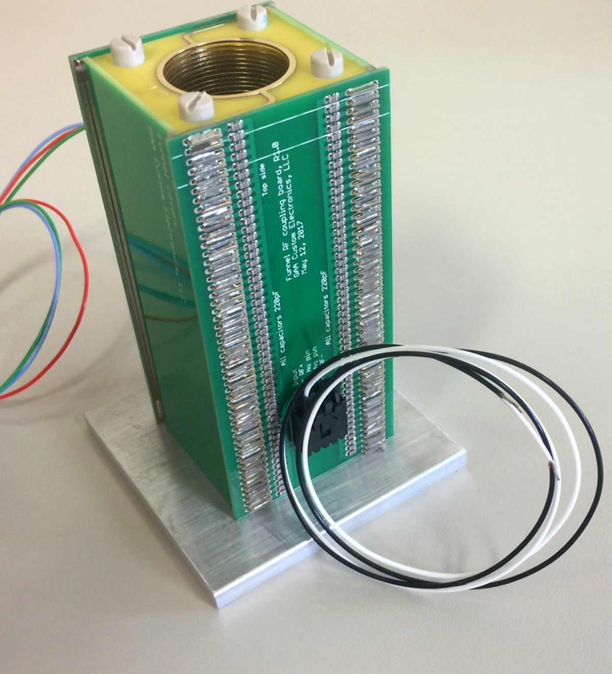GAACE RF/DC Ion Funnel — assembled PCB ion funnel stack with gold-plated ring electrodes, RF coupling board, and RF/DC wiring harness