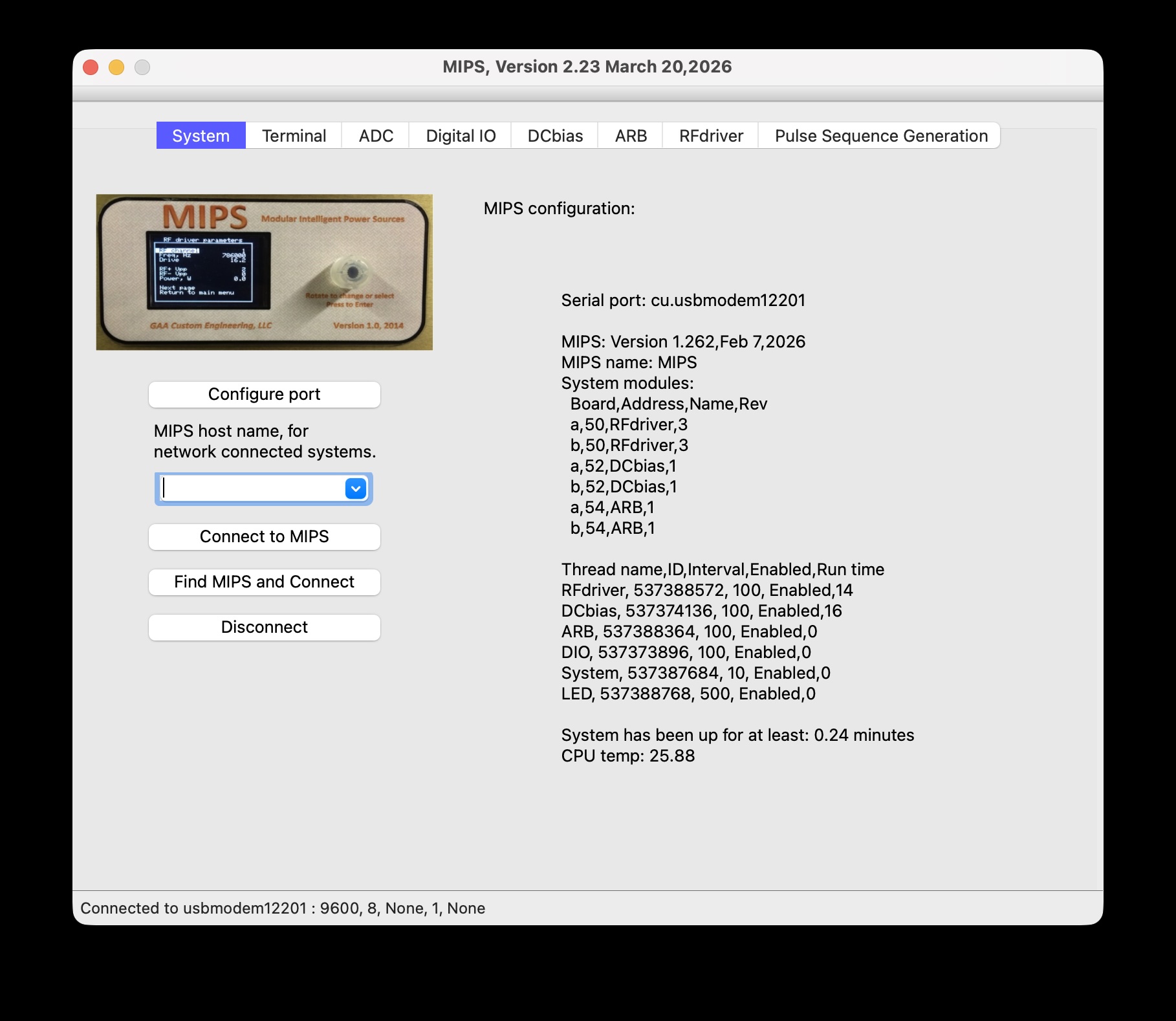 MIPS host application home screen showing system tab with connected modules, version info and connection status