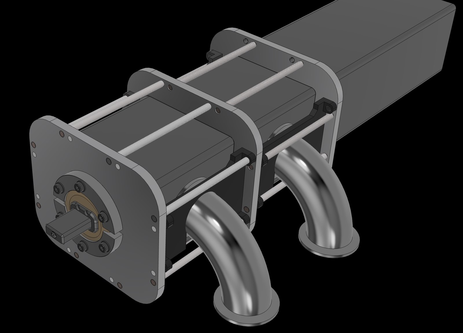 Sectioned view of the universal modular vacuum chamber showing extruded aluminum segments joined by interface plates with KF elbow fittings
